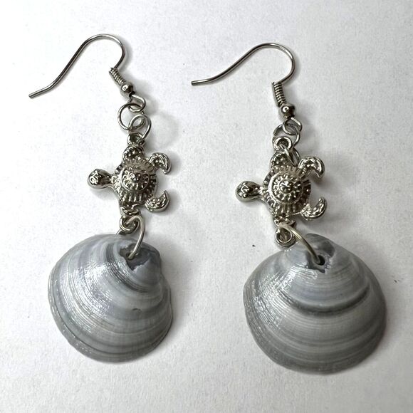 Dangle Earrings Genuine Handcrafted Seashell Turtle Blue Gray Coastal Beach - Picture 1 of 15